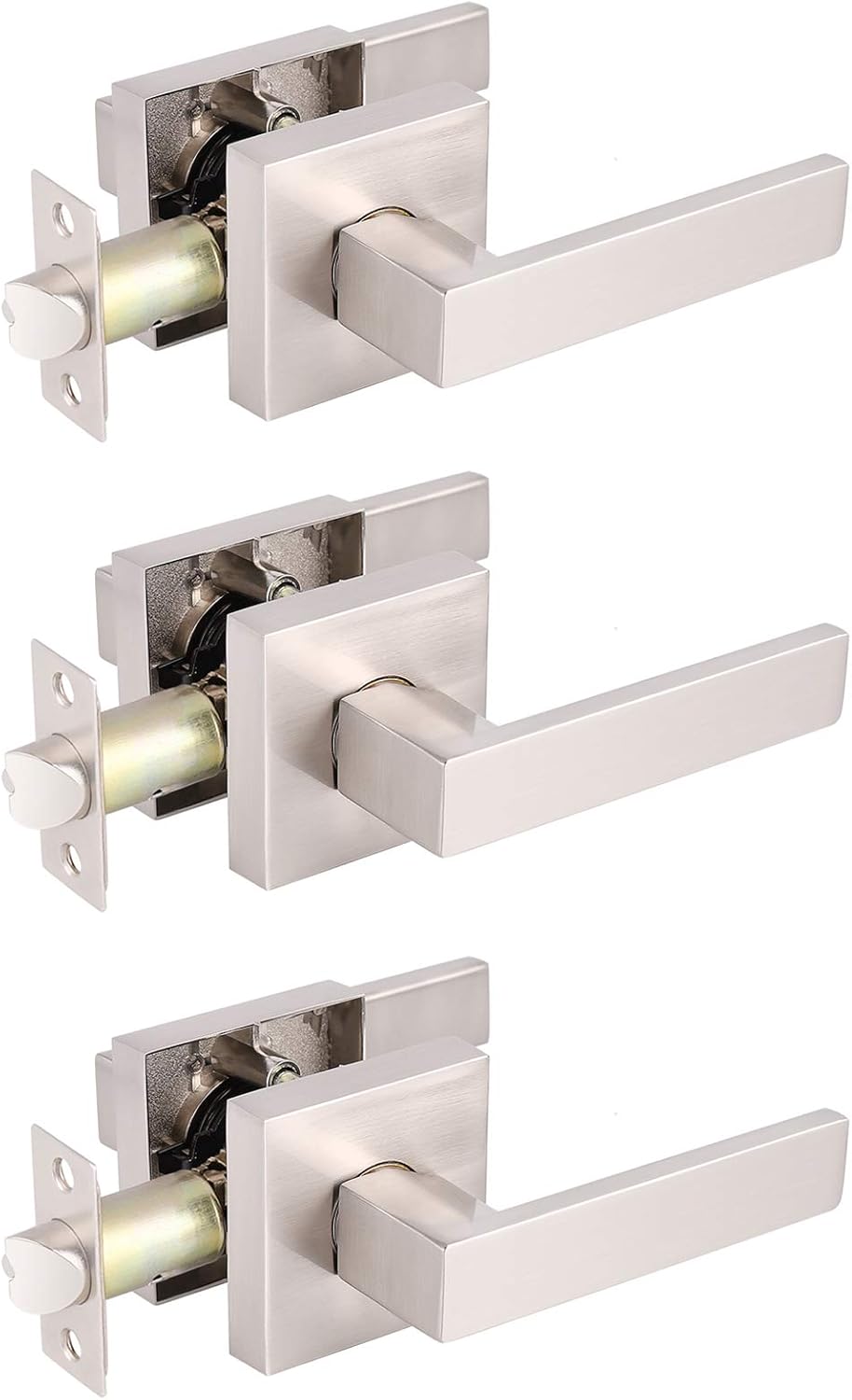 Pack of 6 Satin Nickel Square Door Handles Levers with Privacy Locks Q813