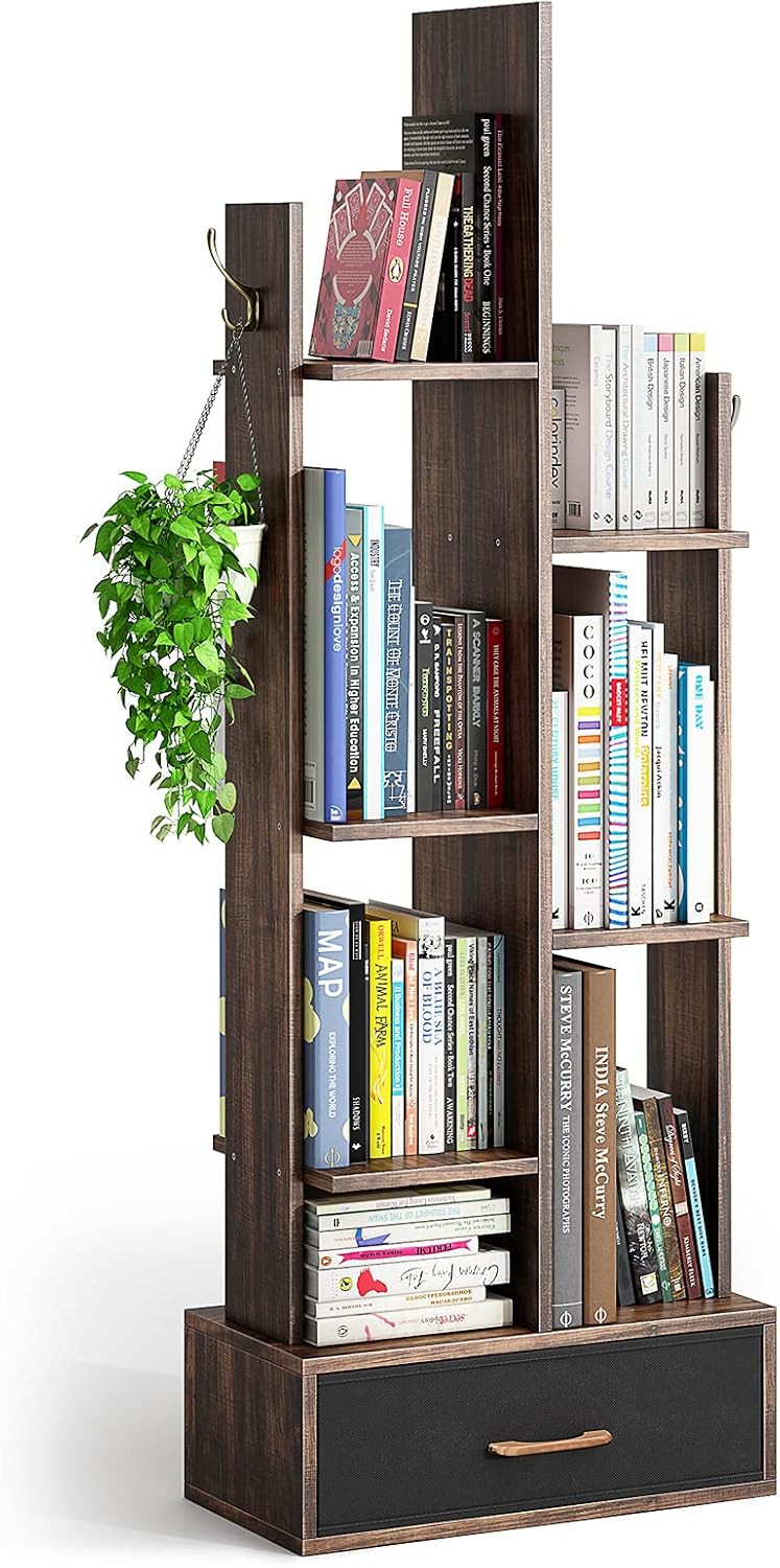 Rustic Brown Wood Bookshelf with Drawer Q895