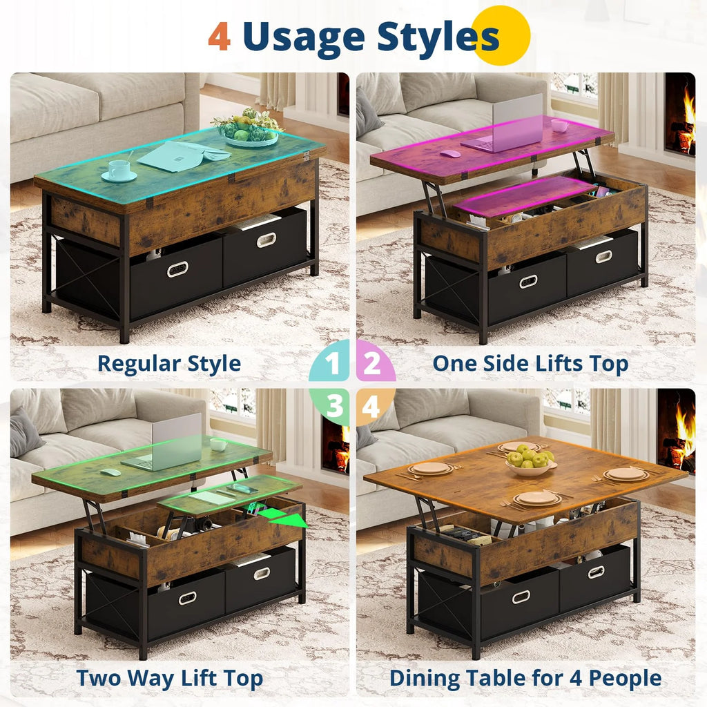 Rustic Brown Lift Top Coffee Table with Storage Drawers W438