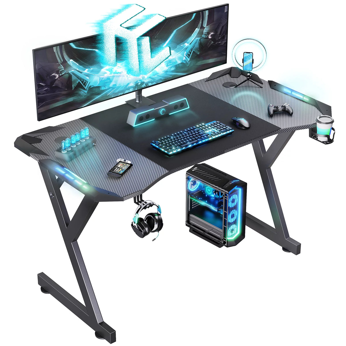 Black 55 Inch Gaming Desk with LED Lights, Carbon Fibre Surface S510044