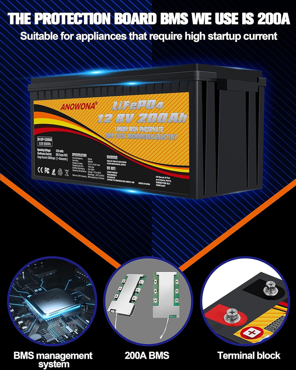12.8V 200Ah Lithium Iron LiFePO4 Deep Cycle Battery with 100A BMS J42866