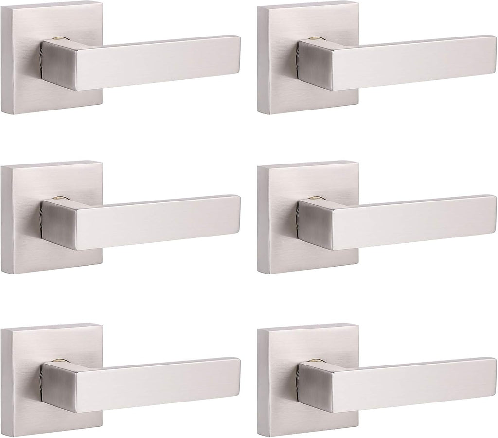 Pack of 6 Satin Nickel Square Door Handles Levers with Privacy Locks Q813