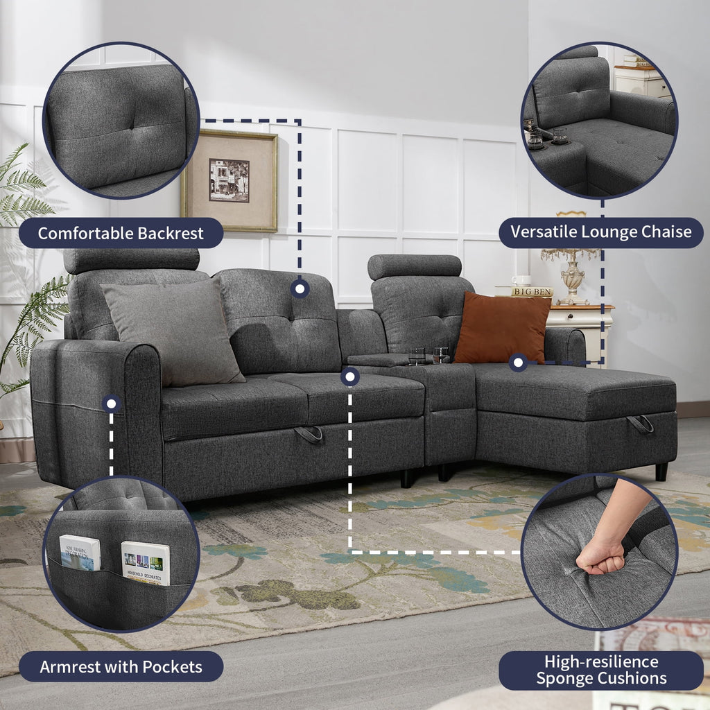Dark Grey L Shaped Sectional Sofa with Storage Chaise O8313