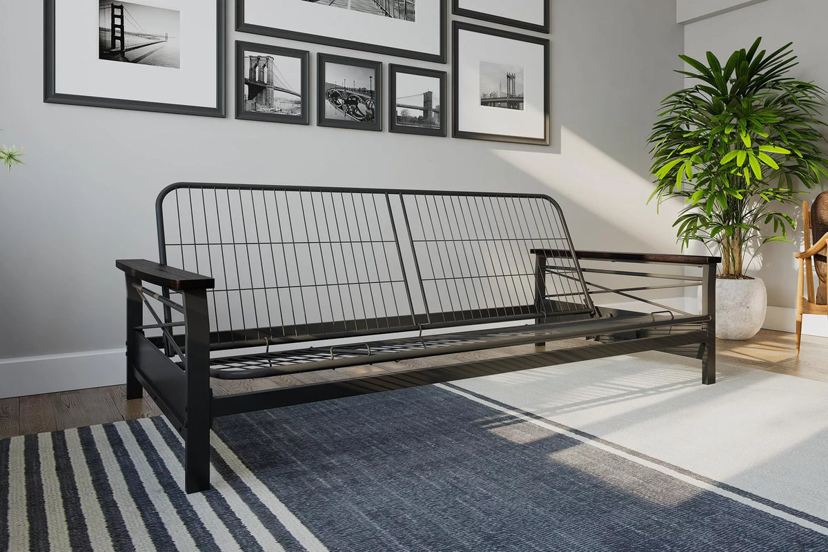 Full Size Metal Futon Frame with Espresso Wood Armrests J90837