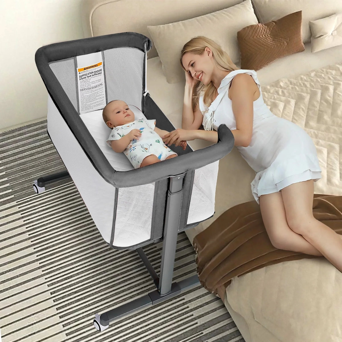 Baby Bassinet with Wheels Adjustable Bedside Sleeper Grey V28842