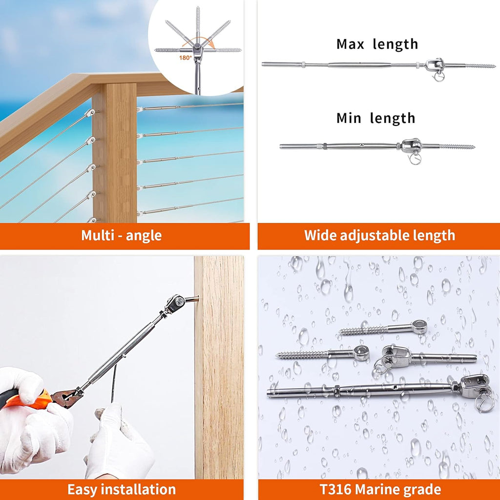 20 Set Cable Railing Kit 1/8 Swage Toggle Turnbuckle Hardware T316 Stainless Steel U74564