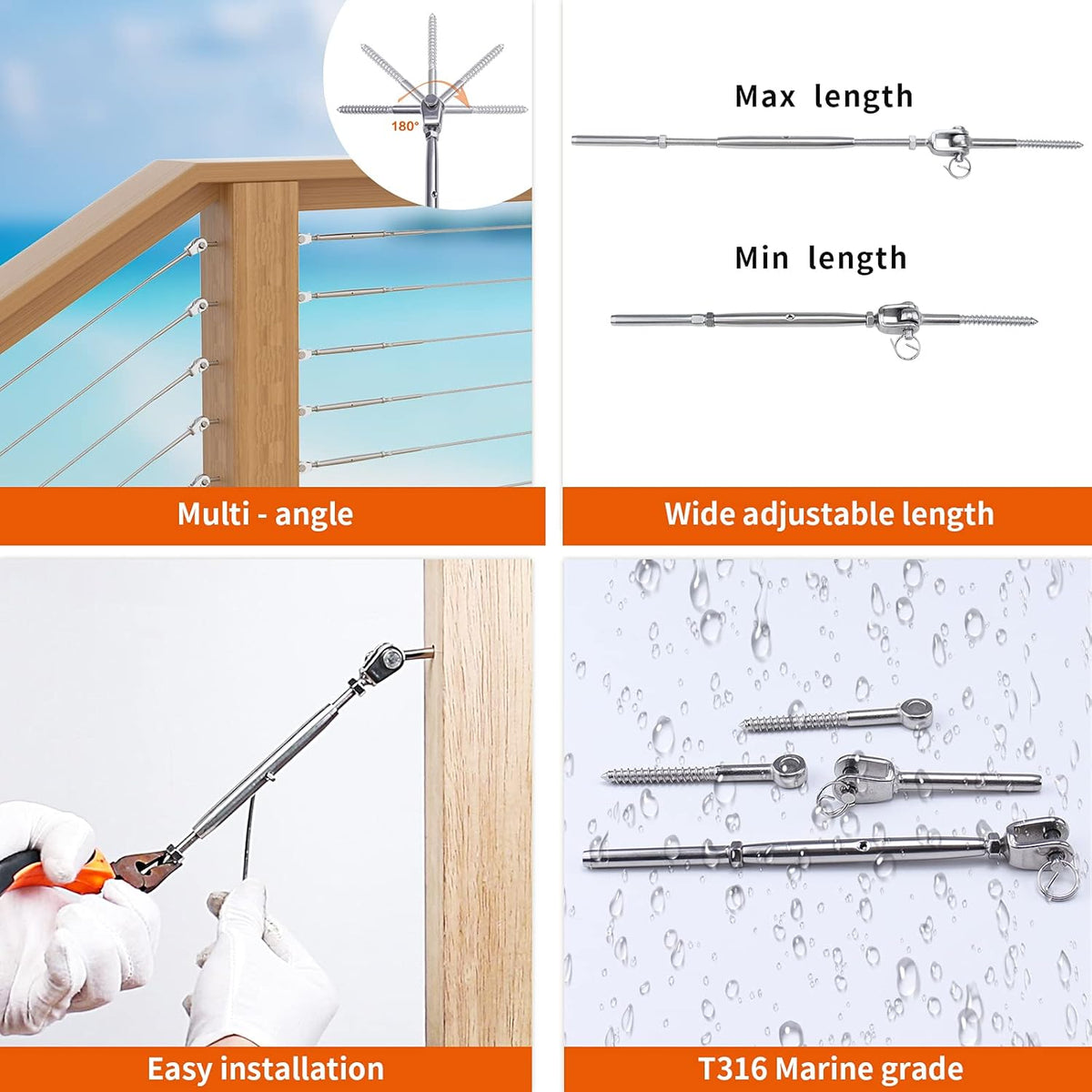 20 Set Cable Railing Kit 1/8 Swage Toggle Turnbuckle Hardware T316 Stainless Steel U74564