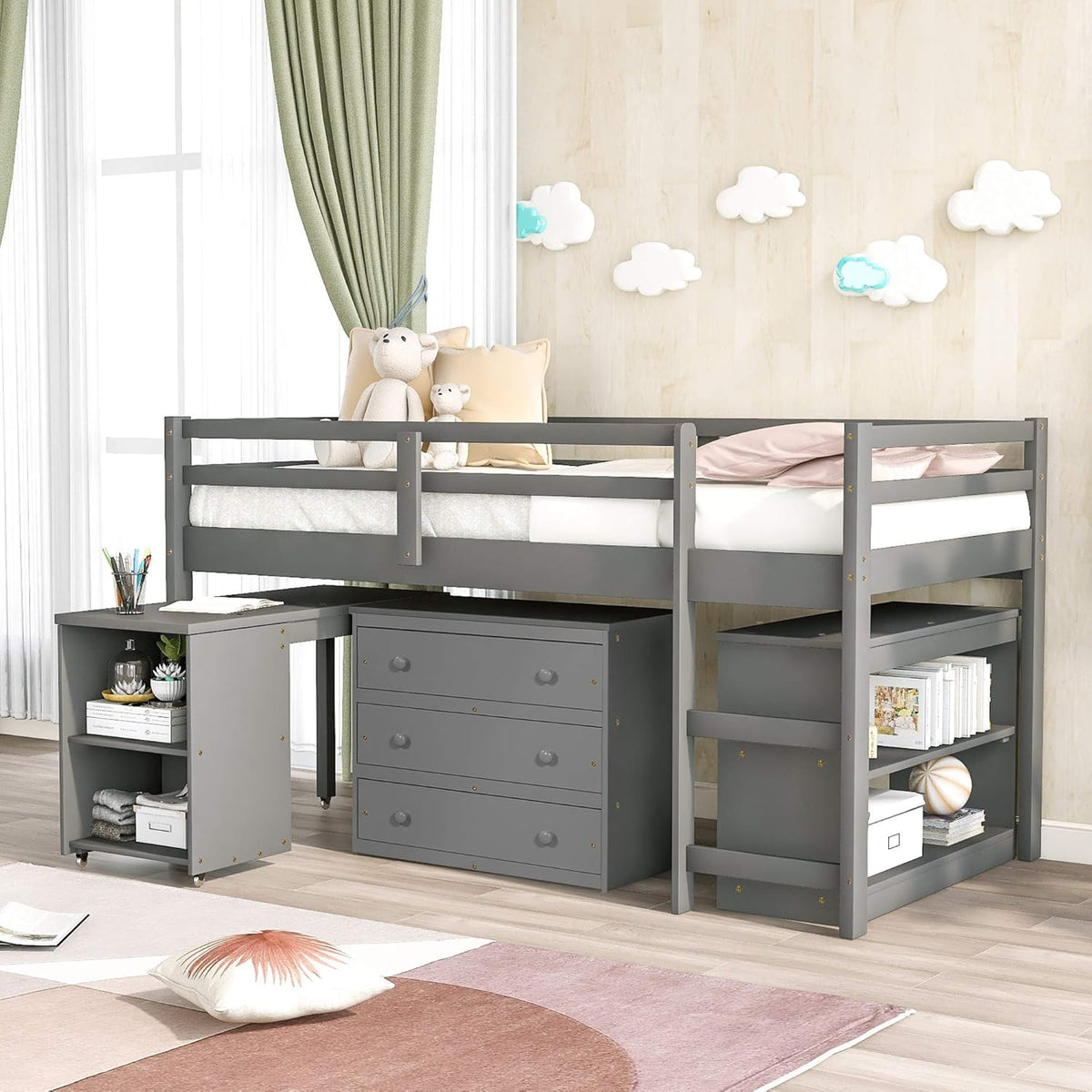Twin Loft Bed with Cabinet, Storage Drawers, Rolling Desk & Bookcase C4689