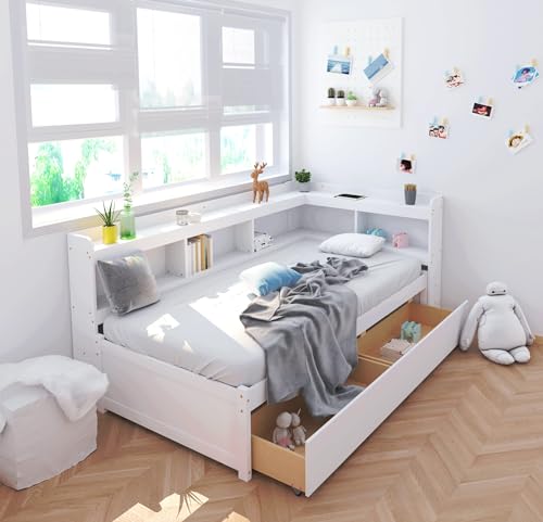 White Twin Size Wooden Bookcase Bed with Storage Drawers G68131
