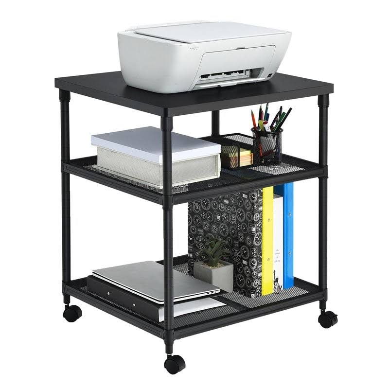 3-Tier Printer Stand Rolling Cart with Adjustable Shelf and Swivel Wheel Black J32998