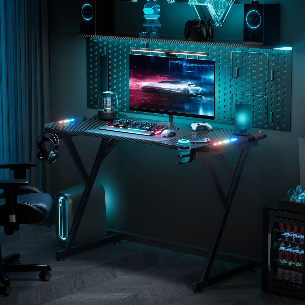 Black 55 Inch Gaming Desk with LED Lights, Carbon Fibre Surface S510044