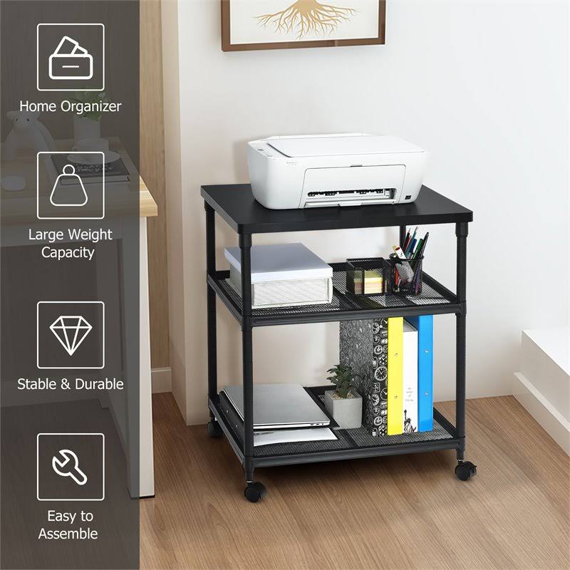 3-Tier Printer Stand Rolling Cart with Adjustable Shelf and Swivel Wheel Black J32998