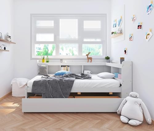 White Twin Size Wooden Bookcase Bed with Storage Drawers G68131