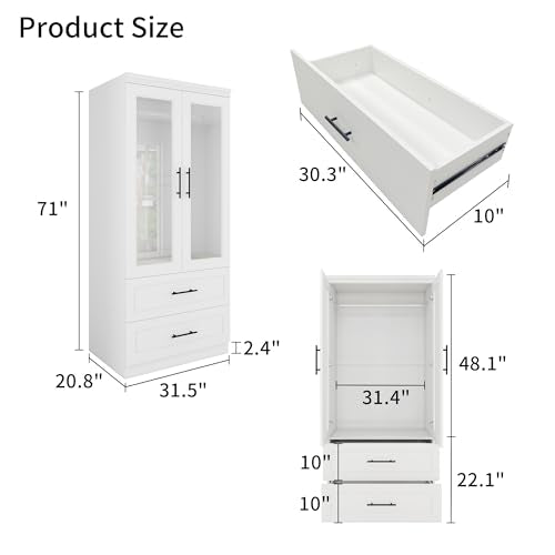 White 3 Door Armoire Wardrobe Closet with Mirror and 2 Drawers B809310