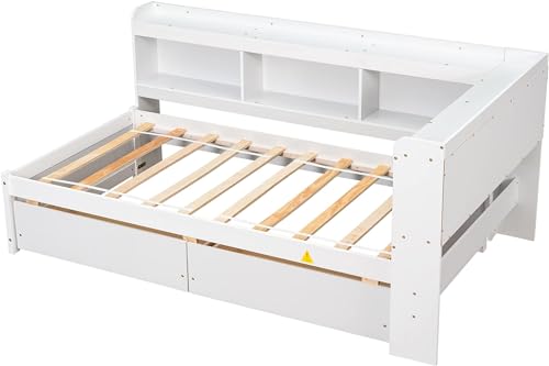 White Twin Size Wooden Bookcase Bed with Storage Drawers G68131