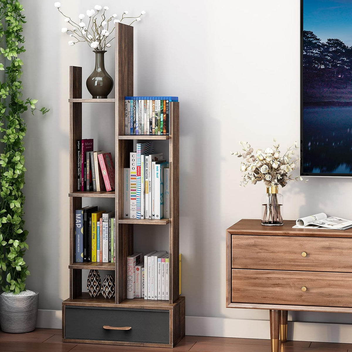 Rustic Brown Wood Bookshelf with Drawer Q895