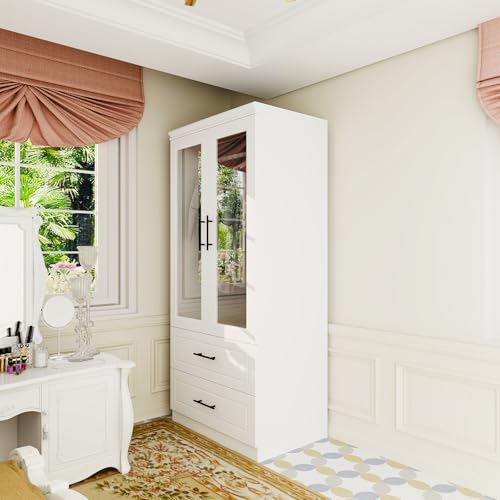 White 3 Door Armoire Wardrobe Closet with Mirror and 2 Drawers B809310