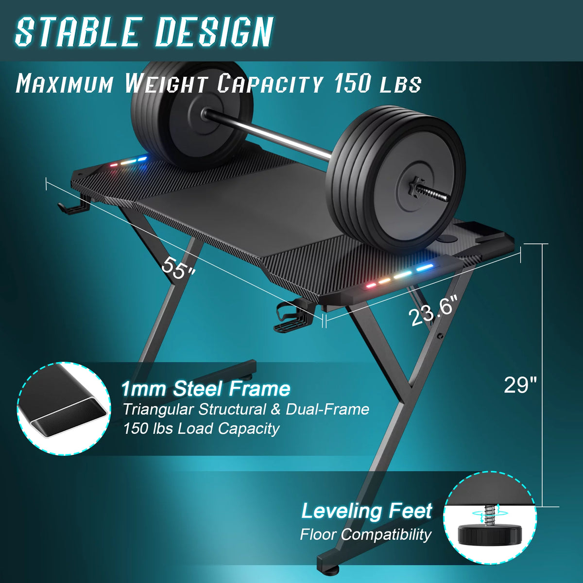 Black 55 Inch Gaming Desk with LED Lights, Carbon Fibre Surface S510044