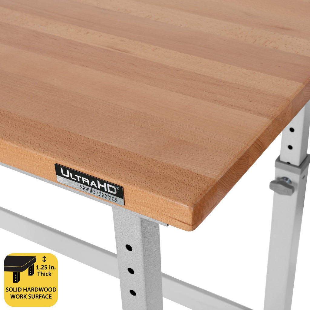 Heavy Duty Workbench Table with Solid Wood Top, 60" W x 24" D x 28.5" to 42" H F2015