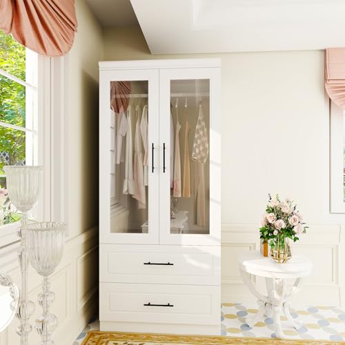 White 3 Door Armoire Wardrobe Closet with Mirror and 2 Drawers B809310