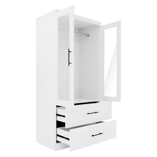 White 3 Door Armoire Wardrobe Closet with Mirror and 2 Drawers B809310