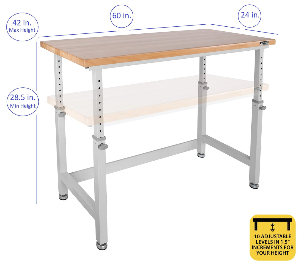 Heavy Duty Workbench Table with Solid Wood Top, 60" W x 24" D x 28.5" to 42" H F2015
