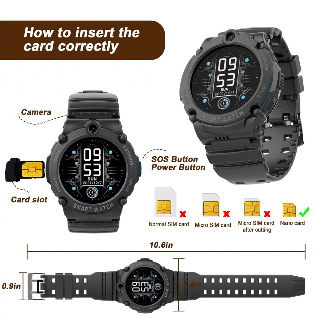 Black Smart Watch with 4G SIM GPS Video Call Pedometer X404