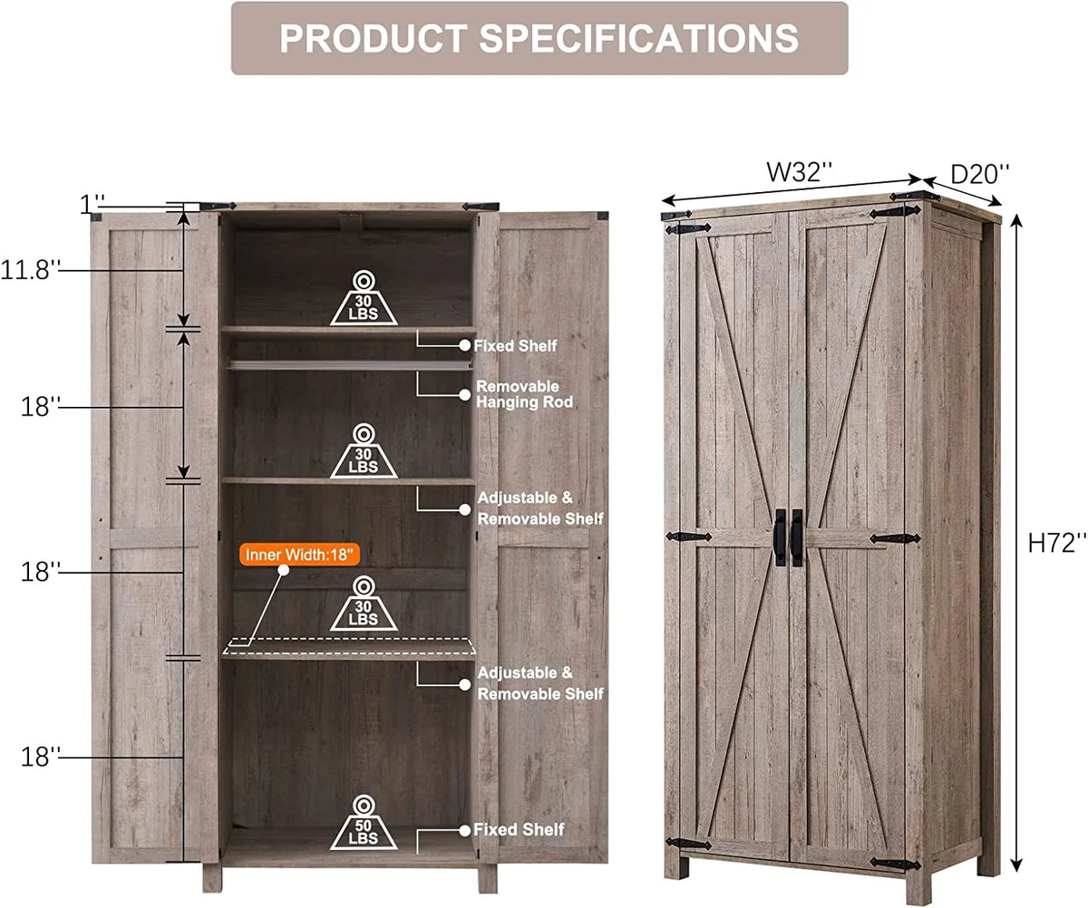 Light Rustic Oak Kitchen Pantry Storage Cabinet with Barn Door and Hanging Rod M74980