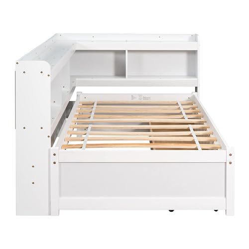 White Twin Size Wooden Bookcase Bed with Storage Drawers G68131