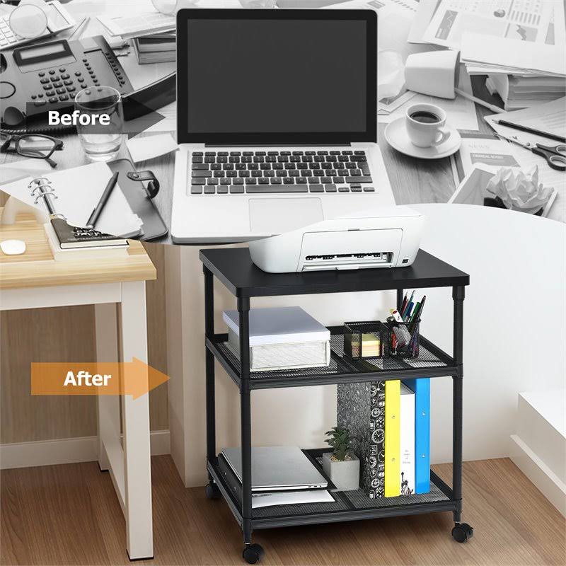 3-Tier Printer Stand Rolling Cart with Adjustable Shelf and Swivel Wheel Black J32998