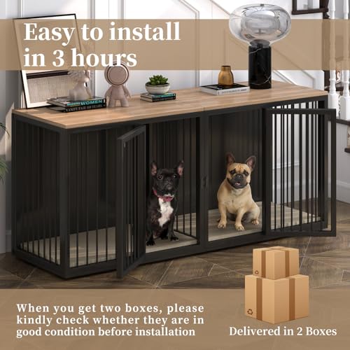 71.6'' All Steel Frame Double Door Dog Crate with Wooden Top C47706