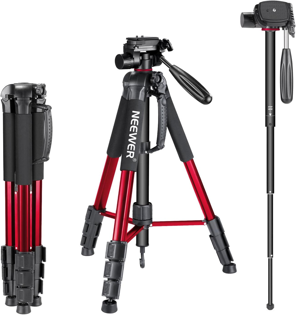 Portable Aluminum Alloy 2-in-1 Tripod Monopod with 3-Way Pan Head and Carrying Bag W51689