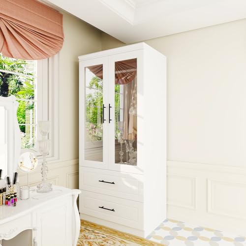 White 3 Door Armoire Wardrobe Closet with Mirror and 2 Drawers B809310
