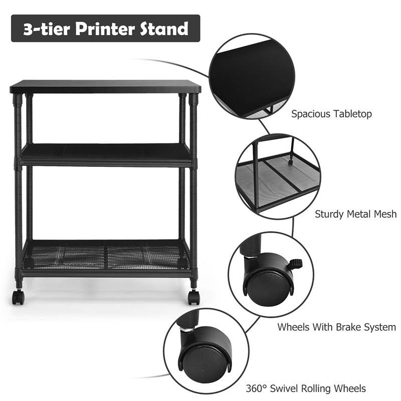 3-Tier Printer Stand Rolling Cart with Adjustable Shelf and Swivel Wheel Black J32998
