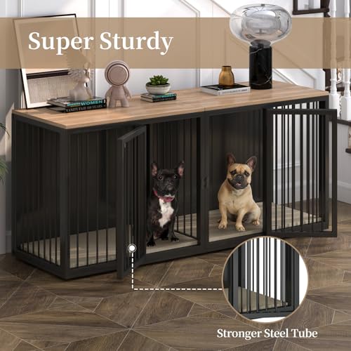 71.6'' All Steel Frame Double Door Dog Crate with Wooden Top C47706