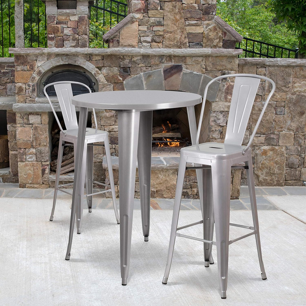 30 Round Silver Metal Indoor-Outdoor Bar Table Set with 2 Cafe Stools V712542