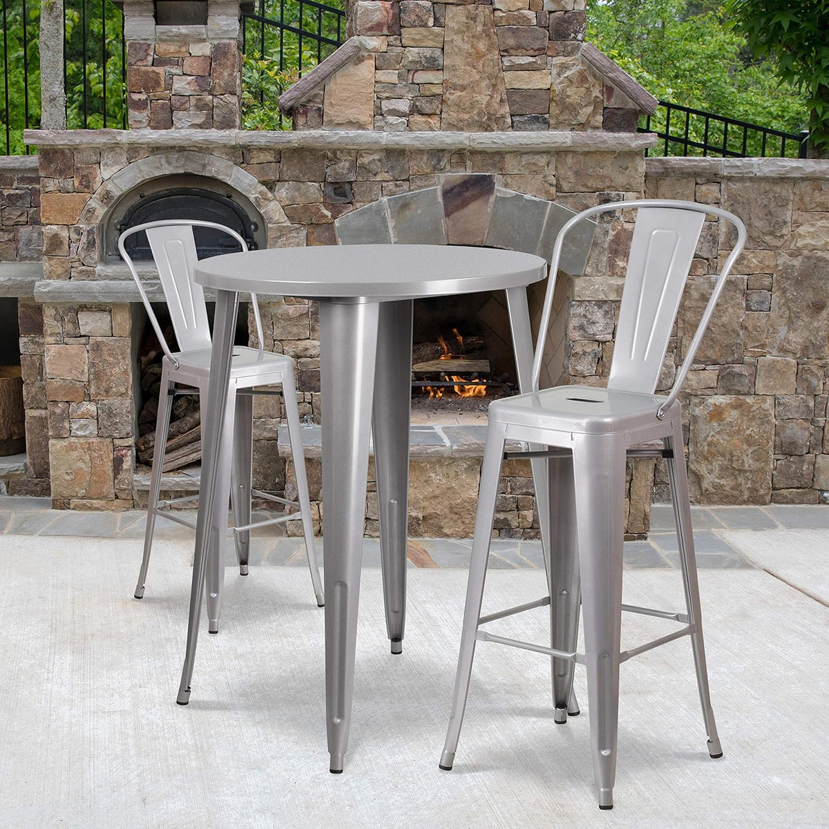 30 Round Silver Metal Indoor-Outdoor Bar Table Set with 2 Cafe Stools V712542