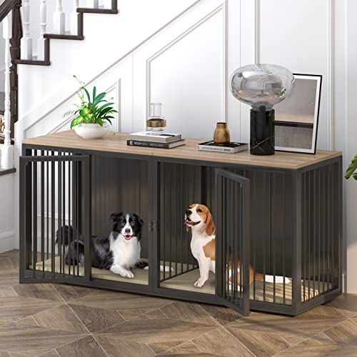 71.6'' All Steel Frame Double Door Dog Crate with Wooden Top C47706