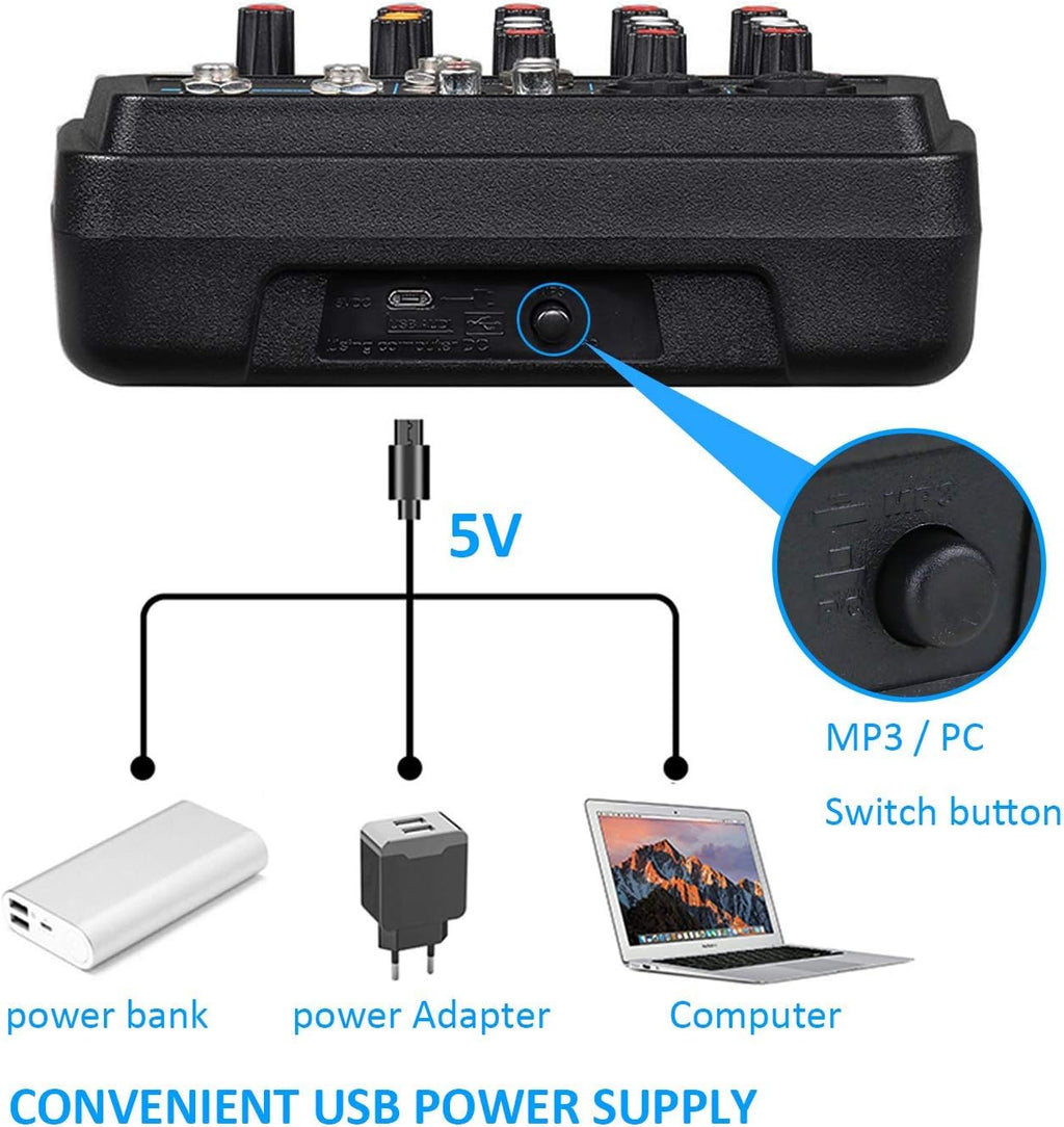 4 Channels Audio Mixer with Sound Card and 48V Phantom Power J204