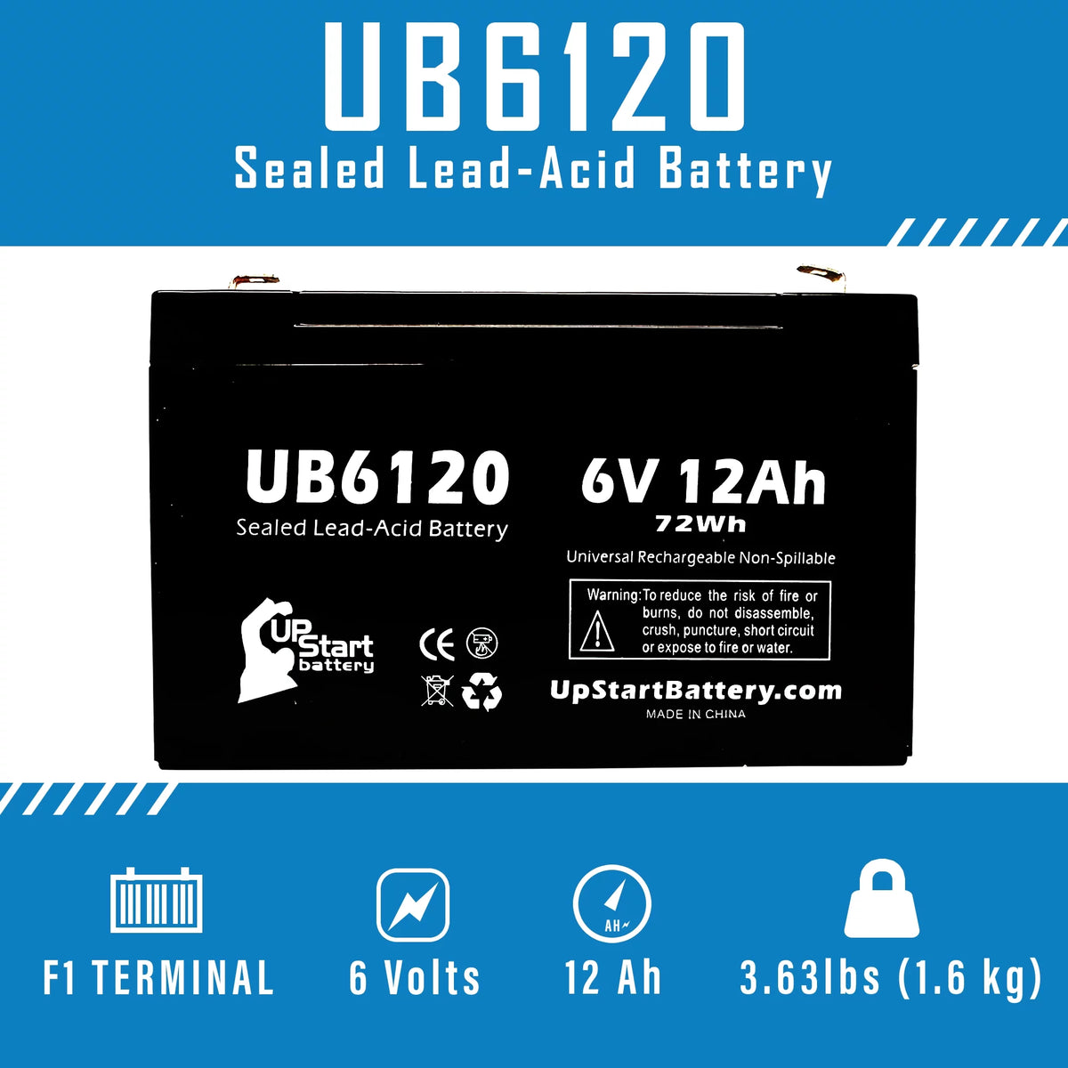 6V 12Ah Sealed Lead Acid Battery with F1 to F2 Terminal Adapters T479