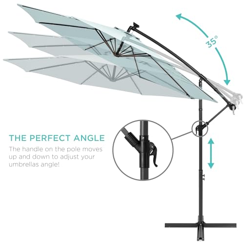 10ft Solar LED Offset Hanging Patio Umbrella with Easy Tilt Adjustment, Polyester Shade, 8 Ribs - Black U544