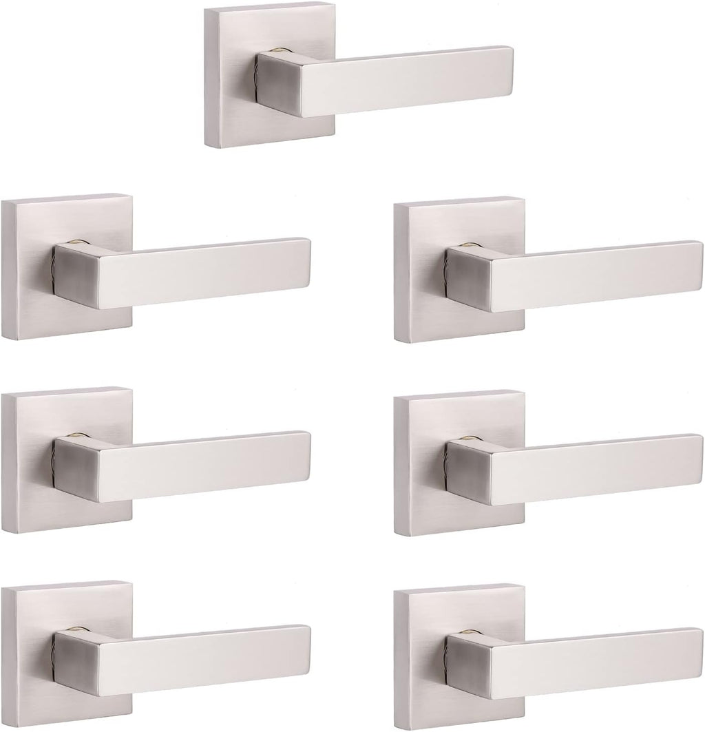 Pack of 6 Satin Nickel Square Door Handles Levers with Privacy Locks Q813