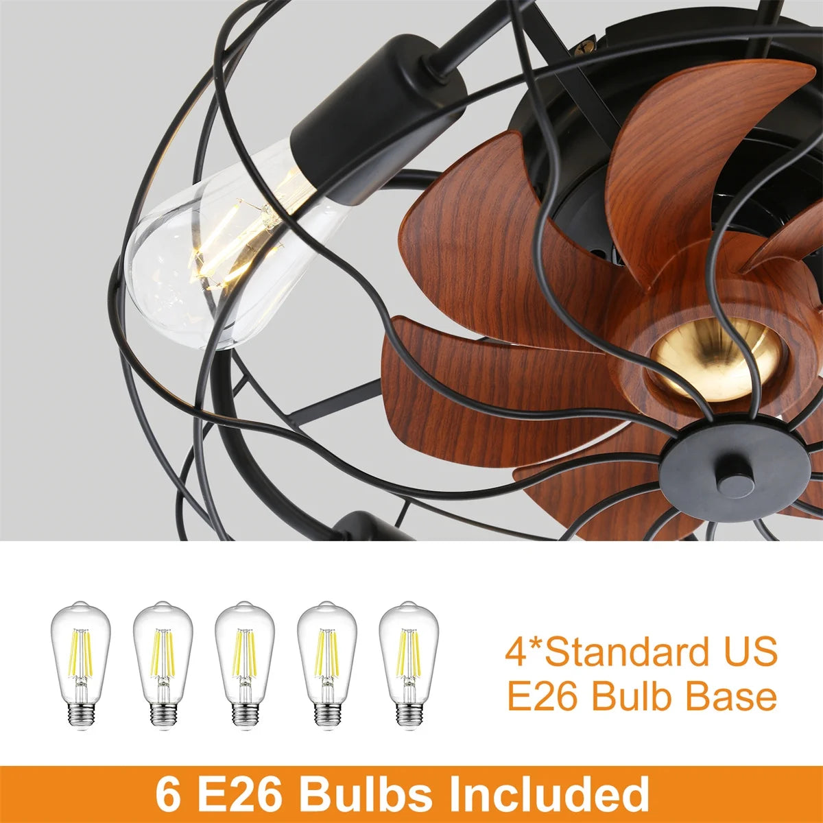 20" Industrial Flush Mount Bladeless Caged Ceiling Fan with Light and Remote F855