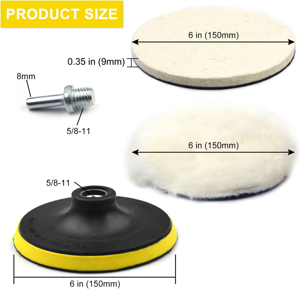 6 Inch 8PCS Wool Buffing Pads Kit with 5/8''-11 Thread Hook & Loop Backer Plate S110585