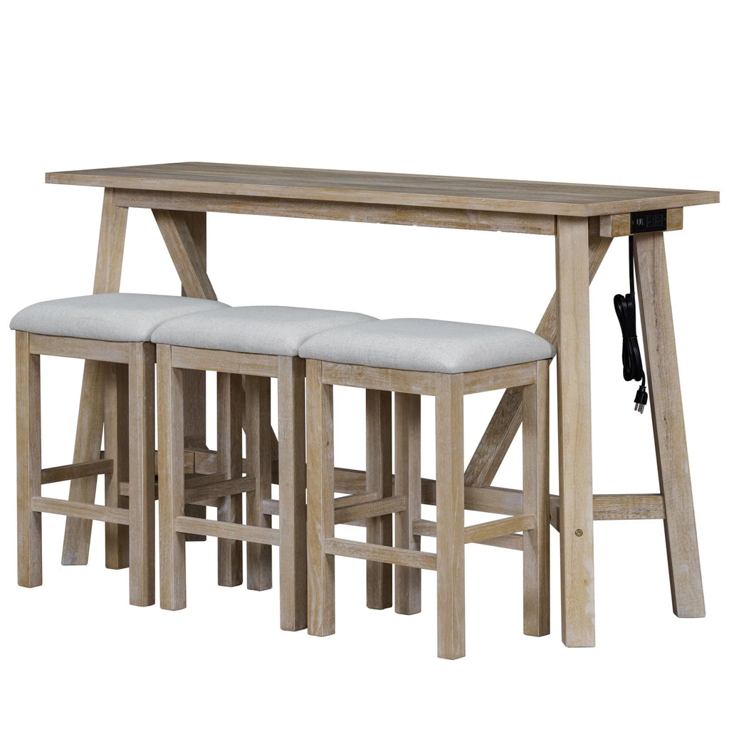 Natural Wood Wash Kitchen Bar Table Set with Upholstered Stools B44347