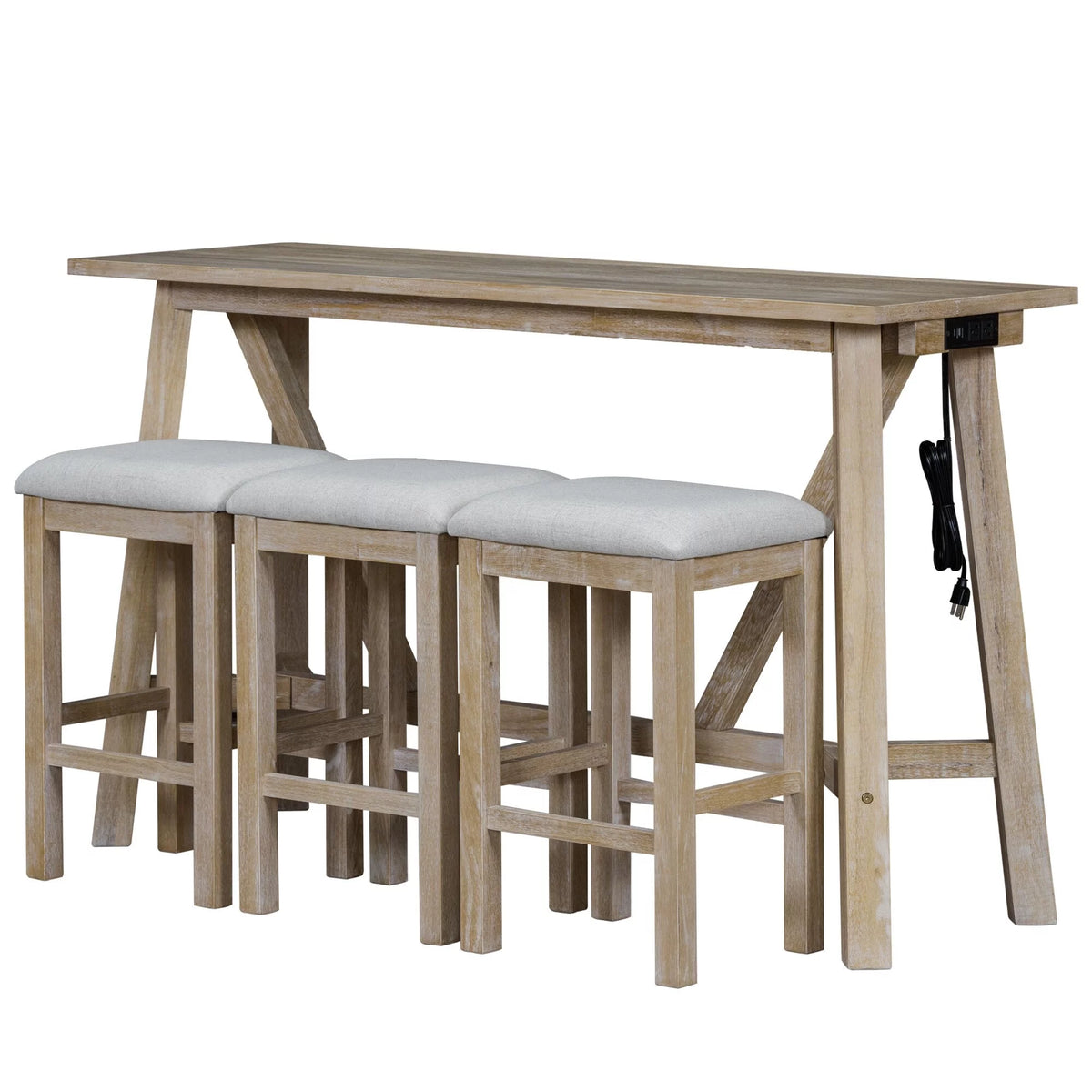 Natural Wood Wash Kitchen Bar Table Set with Upholstered Stools B44347