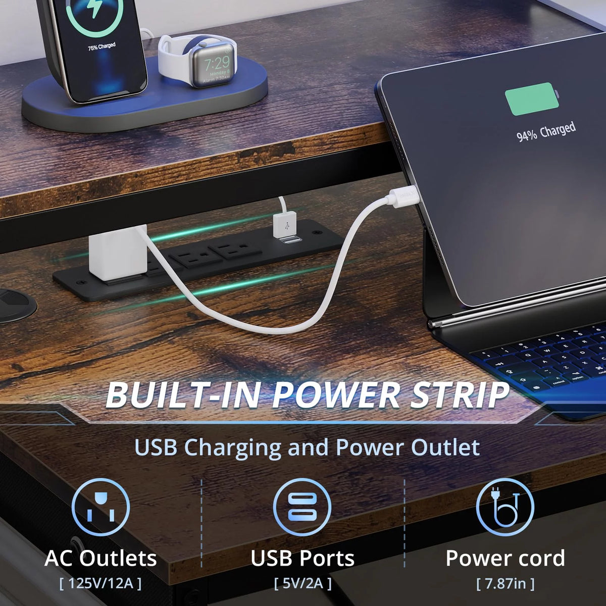 L Shaped Computer Desk with Power Outlet and Led Strip N2680
