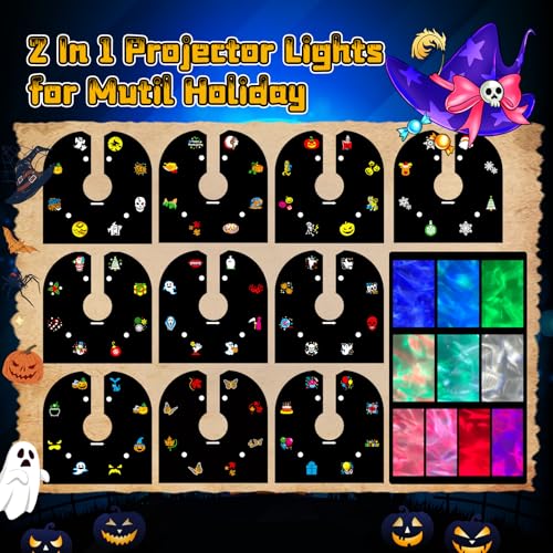 Halloween Projector Lights Outdoor, 2-in-1 HD Holiday Light Projector with Remote Control & Timer, IP65 Waterproof, 10 Slides & 10 Colors Ocean Wave Effects for Yard, Garden, House, Xmas Decorations A495