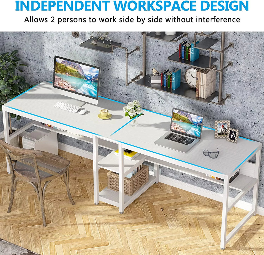 White Double Computer Office Desk with Storage Shelf R869