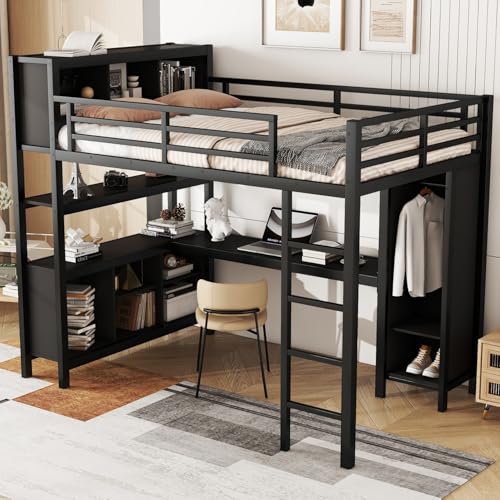 Metal Full Size Loft Bed Frame with L Shaped Desk, Wardrobe, Stairs, Storage J5037